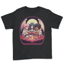 Load image into Gallery viewer, Anime Angels and Demons Cute Boba Tea Gaming Controller Ramen T Shirt - Youth Tee - Black
