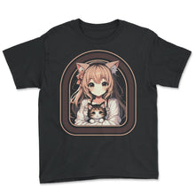 Load image into Gallery viewer, Anime Girl Holding A Cat With Cat Ears Kawaii Otaku Japanese Anime T - Youth Tee - Black