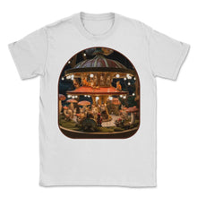 Load image into Gallery viewer, Mushroom Carousel Cats Riding a Whimsical Fungi Merry Go Round T Shirt - Unisex T-Shirt - White
