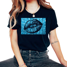 Load image into Gallery viewer, Women's 80s & 90s Motto Kissing Lips Motif Vintage Blue V Neck - Unisex T-Shirt - Black