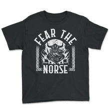 Load image into Gallery viewer, Viking Shirt, Fear The Norse Fierce Viking Thunder Ships Tee, Norse - Youth Tee - Black