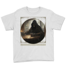 Load image into Gallery viewer, Grim Reaper's Coffee Break Halloween Tee 1 - Youth Tee - White