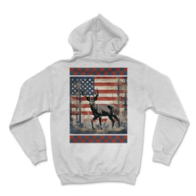 Load image into Gallery viewer, Dual Pattern American Flag Traditional Woodland Camo Divider Deer - Hoodie - White