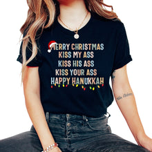 Load image into Gallery viewer, Hanukkah Shirt, Merry Christmas Kiss My Ass Happy Hanukkah Santa Hat - Unisex T-Shirt - Black