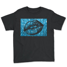 Load image into Gallery viewer, Women's 80s & 90s Motto Kissing Lips Motif Vintage Blue V Neck - Youth Tee - Black