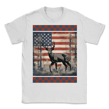Load image into Gallery viewer, Dual Pattern American Flag Traditional Woodland Camo Divider Deer - Unisex T-Shirt - White