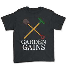 Load image into Gallery viewer, Gym Shirt, Garden Gains Cross Rake And Shovel Funny Tee, Garden Lover - Youth Tee - Black