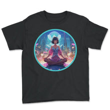 Load image into Gallery viewer, Meditating Anime Girl Vaporwave Neon Chakras Indie Aesthetic T Shirt - Youth Tee - Black
