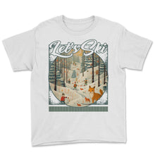 Load image into Gallery viewer, Let’s Ski Woodland Creatures Whimsical Skiing Fox Skier Bear Descent - Youth Tee - White
