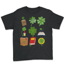 Load image into Gallery viewer, Book Shirt, Nine Four Leaves Clover Botanical Book Reading Gnomes Tee - Youth Tee - Black
