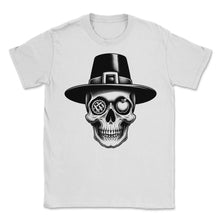 Load image into Gallery viewer, Pilgrim Feast Skull T Shirt Thanksgiving History and Thanks Tee - Unisex T-Shirt - White