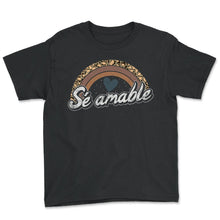 Load image into Gallery viewer, Teacher Shirt, Sé Amable Leopard Print Rainbow Tee, Language Spanish
