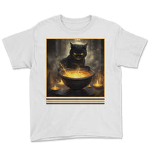 Load image into Gallery viewer, Black Cat & Magic Cauldron Vintage Gothic Halloween Shirt - Youth Tee - White