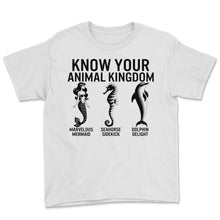 Load image into Gallery viewer, Ocean Shirt, Know Your Animal Kingdom Mermaid Seahorse Dolphin Tee, - Youth Tee - White