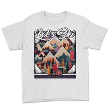 Load image into Gallery viewer, Let’s Ski Patchwork Ski Memories Quilted Mountains Chalet Chunks Pine - Youth Tee - White