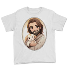Load image into Gallery viewer, Jesus Snuggling Anime Character T Shirt, Christian Manga Humor, Pop - Youth Tee - White