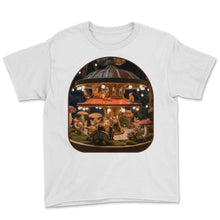 Load image into Gallery viewer, Mushroom Carousel Cats Riding a Whimsical Fungi Merry Go Round T Shirt - Youth Tee - White