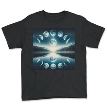 Load image into Gallery viewer, Moon Cycle Reflections Celestial Harmony T Shirt - Youth Tee - Black