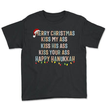 Load image into Gallery viewer, Hanukkah Shirt, Merry Christmas Kiss My Ass Happy Hanukkah Santa Hat - Youth Tee - Black