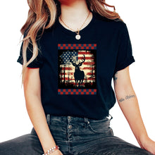 Load image into Gallery viewer, Ripped American Flag Woodland Camo Underlayer Deer Silhouettes Hunter - Unisex T-Shirt - Black