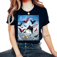 Load image into Gallery viewer, Japanese Art Japanese Woodblock Art Print Origami Crow Flight Freedom - Unisex T-Shirt - Black