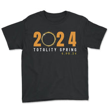 Load image into Gallery viewer, 2024 Totality Spring 4 08 24 Solar Eclipse T Shirt - Youth Tee - Black