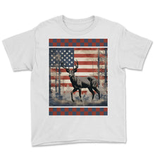 Load image into Gallery viewer, Dual Pattern American Flag Traditional Woodland Camo Divider Deer - Youth Tee - White