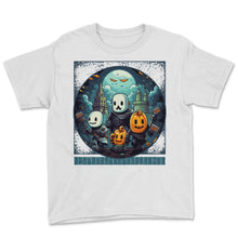 Load image into Gallery viewer, Gamer Halloween Sweatshirt, Pixel Ghost Tee, Questing Pumpkin Shirt - Youth Tee - White