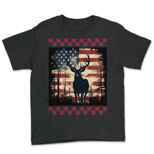 Load image into Gallery viewer, Ripped American Flag Woodland Camo Underlayer Deer Silhouettes Hunter - Youth Tee - Black