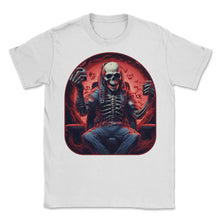 Load image into Gallery viewer, Gamer Skeleton Rock On High Score - Unisex T-Shirt - White