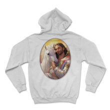 Load image into Gallery viewer, Jesus Snuggling Unicorn T Shirt, Christian Fantasy Humor, Magical Pop - Hoodie - White