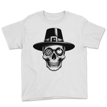 Load image into Gallery viewer, Pilgrim Feast Skull T Shirt Thanksgiving History and Thanks Tee - Youth Tee - White