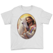 Load image into Gallery viewer, Jesus Snuggling Unicorn T Shirt, Christian Fantasy Humor, Magical Pop - Youth Tee - White