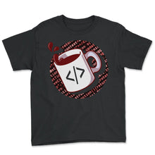 Load image into Gallery viewer, Programmer Shirt, JavaScript Code Coffee Lover Tee, Software - Youth Tee - Black
