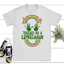 Load image into Gallery viewer, St. Patricks Day Shirt, Touched By A Leprechaun, Irish Lucky Adult - Unisex T-Shirt - White