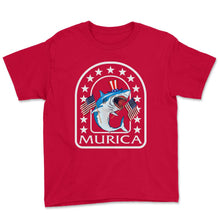 Load image into Gallery viewer, 4th Of July Shirt, Murica Shark America Flag Funny Independence Day - Youth Tee - Red