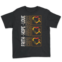 Load image into Gallery viewer, COPD Awareness Shirt, Faith Hope Love Heart Ribbon Tee, Lung Disease - Youth Tee - Black