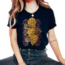 Load image into Gallery viewer, El Dia de Los Muertos Day of the Dead Purple Floral Sugar Skulls - Unisex T-Shirt - Black