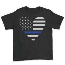 Load image into Gallery viewer, Police Shirt, Heart Thin Blue Line USA Flag Tee, Police Officer - Youth Tee - Black