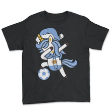 Load image into Gallery viewer, Soccer Girl Dabbing Unicorn Christmas Hat Scarf Argentina Jersey - Youth Tee - Black