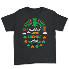 Load image into Gallery viewer, Luckiest Chemist Ever Shamrock Top Hat St Patricks Day T Shirt - Youth Tee - Black