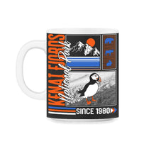 Load image into Gallery viewer, Kenai Fjords National Park Shirt, Alaska Park Since 1980, Puffin Bird - 11oz Mug - Black on White