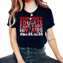 Load image into Gallery viewer, Word Aids Days Shirt, Support Educate Care Cure Red Ribbon Tee, HIV - Unisex T-Shirt - Black