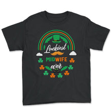 Load image into Gallery viewer, Luckiest Midwife Ever Shamrock Top Hat St Patricks Day T Shirt - Youth Tee - Black