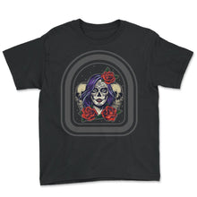 Load image into Gallery viewer, Dia De Los Muertos Shirt, Sugar Skulls Floral Women Skull Skeleton - Youth Tee - Black