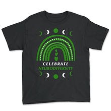 Load image into Gallery viewer, Mental Health Awareness Shirt, Celebrate Neurodiversity Rainbow Tee, - Youth Tee - Black