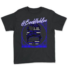 Load image into Gallery viewer, Police Shirt, Back The Blue Messy Bun US Flag Tee, Proud Police Mom - Youth Tee - Black