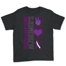 Load image into Gallery viewer, Peace Love Cure Alzheimer's T Shirt - Youth Tee - Black