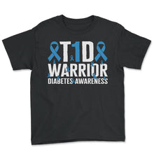 Load image into Gallery viewer, Diabetes Awareness Shirt, T1D Warrior Ribbon Tee, Type One Insulin - Youth Tee - Black
