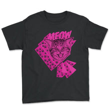 Load image into Gallery viewer, 80's Neon Cat Meow Shirt, Cat Lover Gift Tee, Furry Animals 1980's - Youth Tee - Black